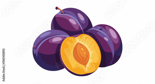 Close-up of fresh purple plums, one cut in half revealing juicy orange flesh