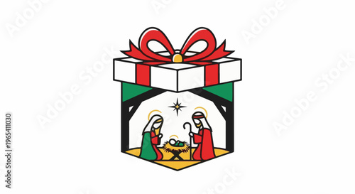 Christmas nativity scene enclosed in a gift box with a red bow