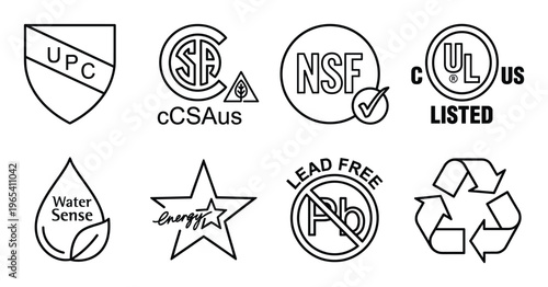 Set of eight plumbing quality certification outline icons for product packaging and promotion