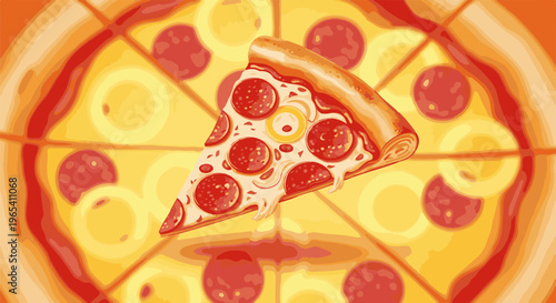 Close-up view of a pepperoni pizza, with one slice in focus, showing melted cheese