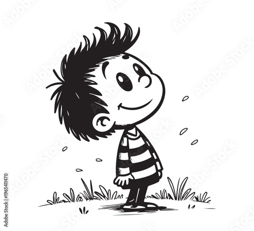 Smiling black and white cartoon boy with spiky hair looks up from grass, a whimsical illustration of childhood happiness and innocent wonder