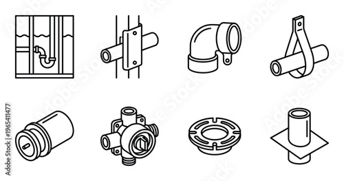 Set of plumbing accessories, connectors, pipe fittings, and drain systems in linear style