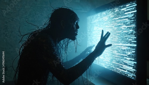 Dark creature interacts with glowing digital screen. Tentacles protrude from its body as it touches futuristic interface with its hand. Abstract scene conveys tech and horror themes.