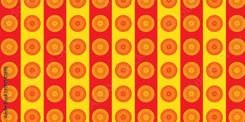 Retro circus stripe pattern with orange polka dots, vintage carnival background vector, red and yellow vertical stripes with circular geometric motifs