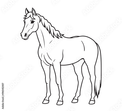 Elegant illustration of a graceful horse standing attentively, showcasing its majestic physique and flowing mane in a clean, artistic line drawing format