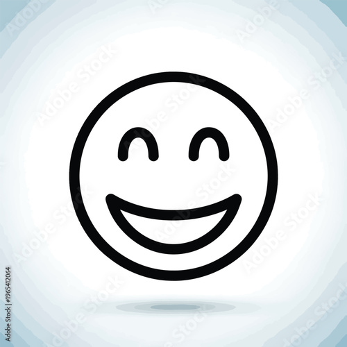 A smiling emoji icon featuring a black outline of a round face, curved brows, and a wide open mouth. The background is an abstract gradient