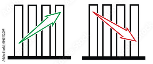 Financial Bar Charts with Green Rising and Red Falling Outline Arrows Representing Stock Market Trends Economic Success Growth Loss and Data Analysis.