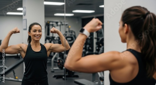 Woman flexing muscles in gym mirror