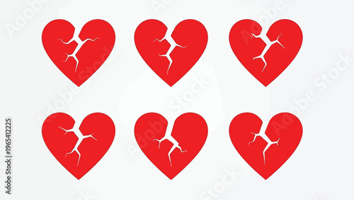 Six broken hearts symbolizing emotional pain and separation in a row Vector