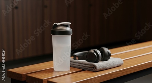 Fitness essentials on gym bench with copy space