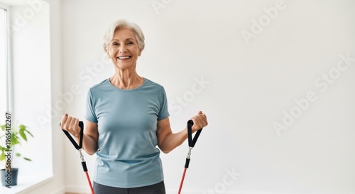 Senior woman exercising with resistance band at home