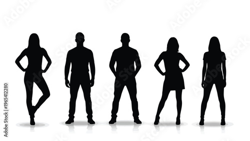 Five silhouettes of people standing in different confident poses Vector