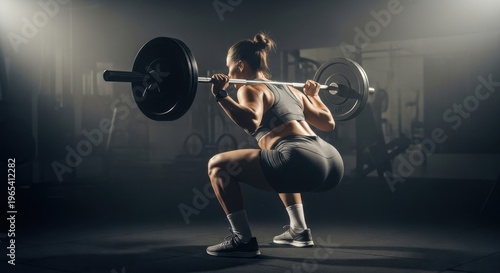 Woman doing a heavy back squat exercise with barbell in gym