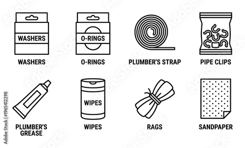 Set of plumbing repair and maintenance items and accessories in outline graphic style