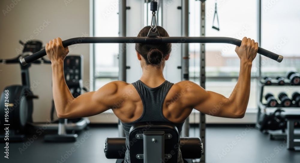 Fototapeta premium Woman performing lat pulldown exercise in gym
