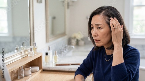 Fototapeta 薄くなってきた髪の生え際を鏡でチェックする、50代日本人女性の髪の悩み