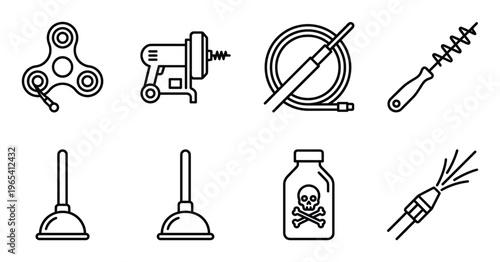 Set of plumbing tools for cleaning pipes and drains, along with hazardous chemicals