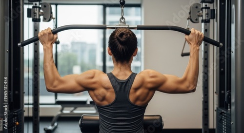 Woman performing lat pulldown exercise in gym