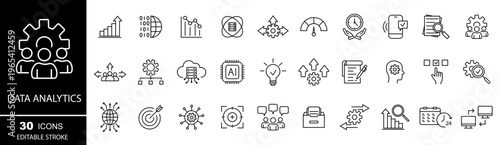Data analysis, statistics, analytics icon set. Editable stroke. Vector illustration.