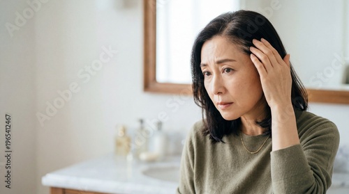 薄くなってきた髪の生え際を鏡でチェックする、50代日本人女性の髪の悩み