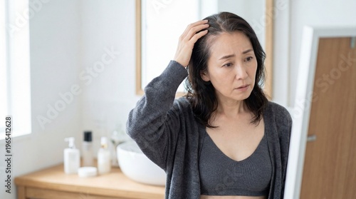 Obraz na płótnie 薄くなってきた髪の生え際を鏡でチェックする、50代日本人女性の髪の悩み