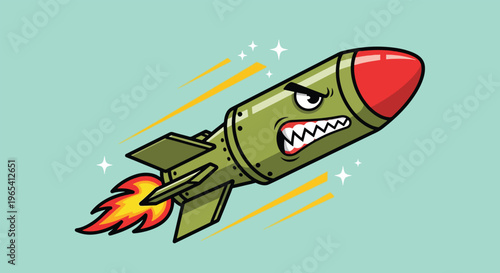 Angry Cartoon Bomb Rocket Flying Fast.