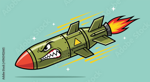 Angry Cartoon Rocket Missile Flying with Fire.