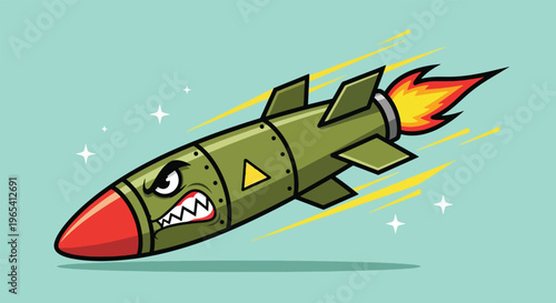 Angry Cartoon Missile with Fire and Stars.