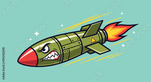 Angry Cartoon Rocket Missile with Fiery Exhaust.