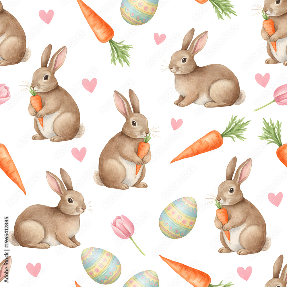 Fototapeta premium Realistic Watercolor Rabbit Pattern with Carrots and Pastel Easter Eggs