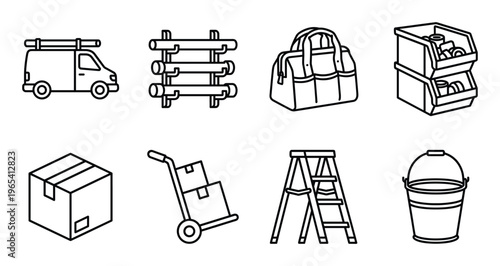 Set of tools and construction equipment on transparent background vector line art