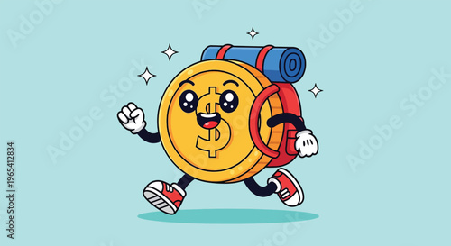 Cartoon Coin Character with Backpack Traveling.