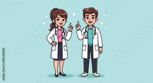 Cartoon Doctors Holding Test Tubes with Sparkles.