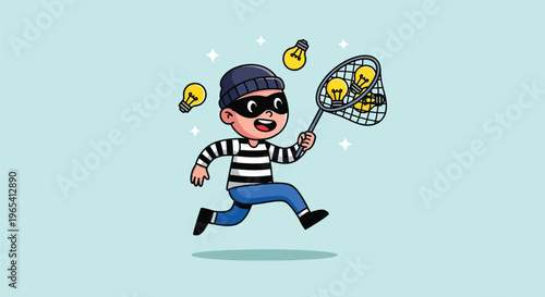 Cartoon Thief Stealing Light Bulbs Representing Ideas.