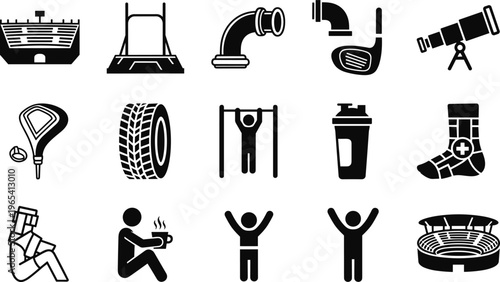 Sports and lifestyle icon set including stadium telescope golf fitness gym protein drink injury rehabilitation vector silhouette collection black minimal