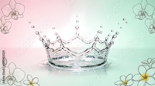 Minimalist Songkran water splash concept with crystal clear water waves forming elegant shapes on pastel background soft gradients Thai floral elements modern 