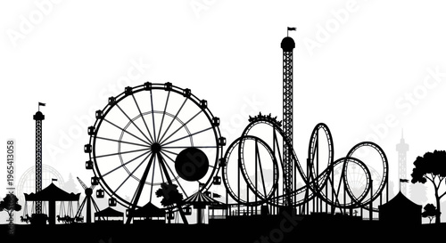 Amusement park silhouette with Ferris wheel, roller coaster, and rides against white background