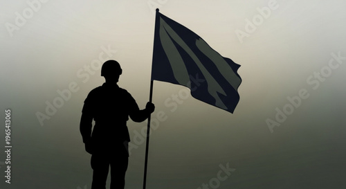 Silhouette of a man holding a greek flag against a gray gradient background at dusk or dawn