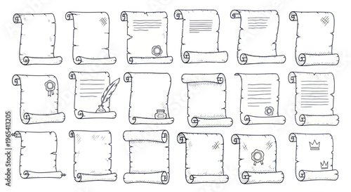 Collection of Scroll Documents, Parchment Paper, Ink Pen, and Wax Seals