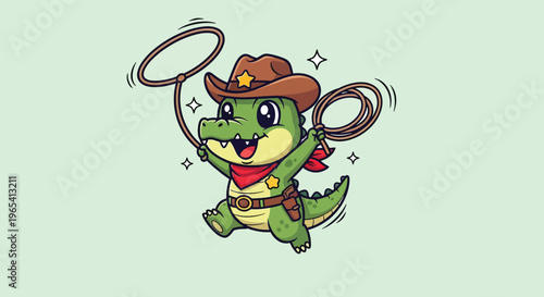 Cute Cartoon Alligator Cowboy Character with Lasso Vector.