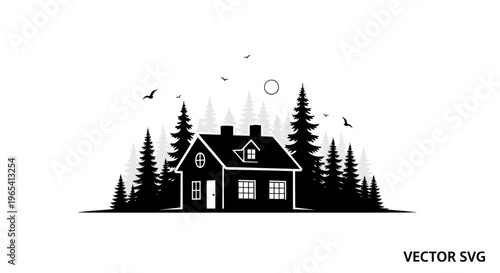 Cozy Cabin Silhouette in Pine Forest with Birds and Sun