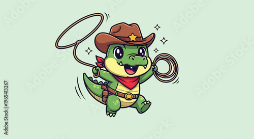 Cute Cartoon Alligator Cowboy Character with Lasso.