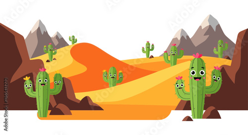 Cute Cartoon Desert Landscape with Happy Saguaro Cacti and Mountains