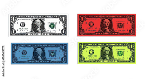 Colorful US Dollar Bills: Red, Blue, Neon Green, and Original