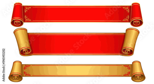 Decorative Scroll Banners: Red and Gold Ribbons for Titles and Text