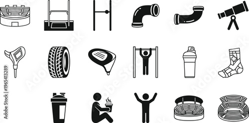 Sports fitness and lifestyle outline icon set including stadium gym equipment golf telescope protein shaker injury recovery vector illustration