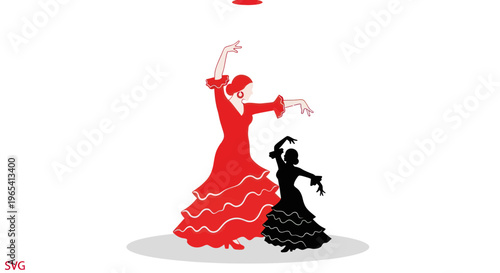 Flamenco Dancers in Red and Black Dresses, Elegant Spanish Dance