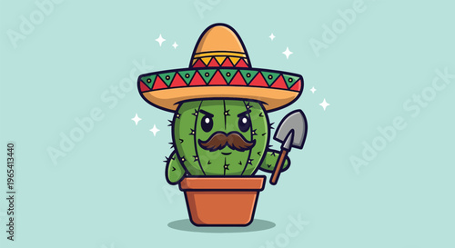 Cute Cartoon Cactus Character with Sombrero and Shovel.