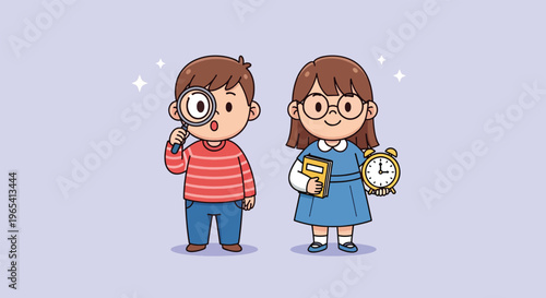 Cute cartoon children with magnifying glass and book.