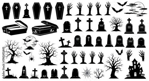 Halloween Icons: Coffins, Zombies, Gravestones, Spooky Trees, Bats, Moon
